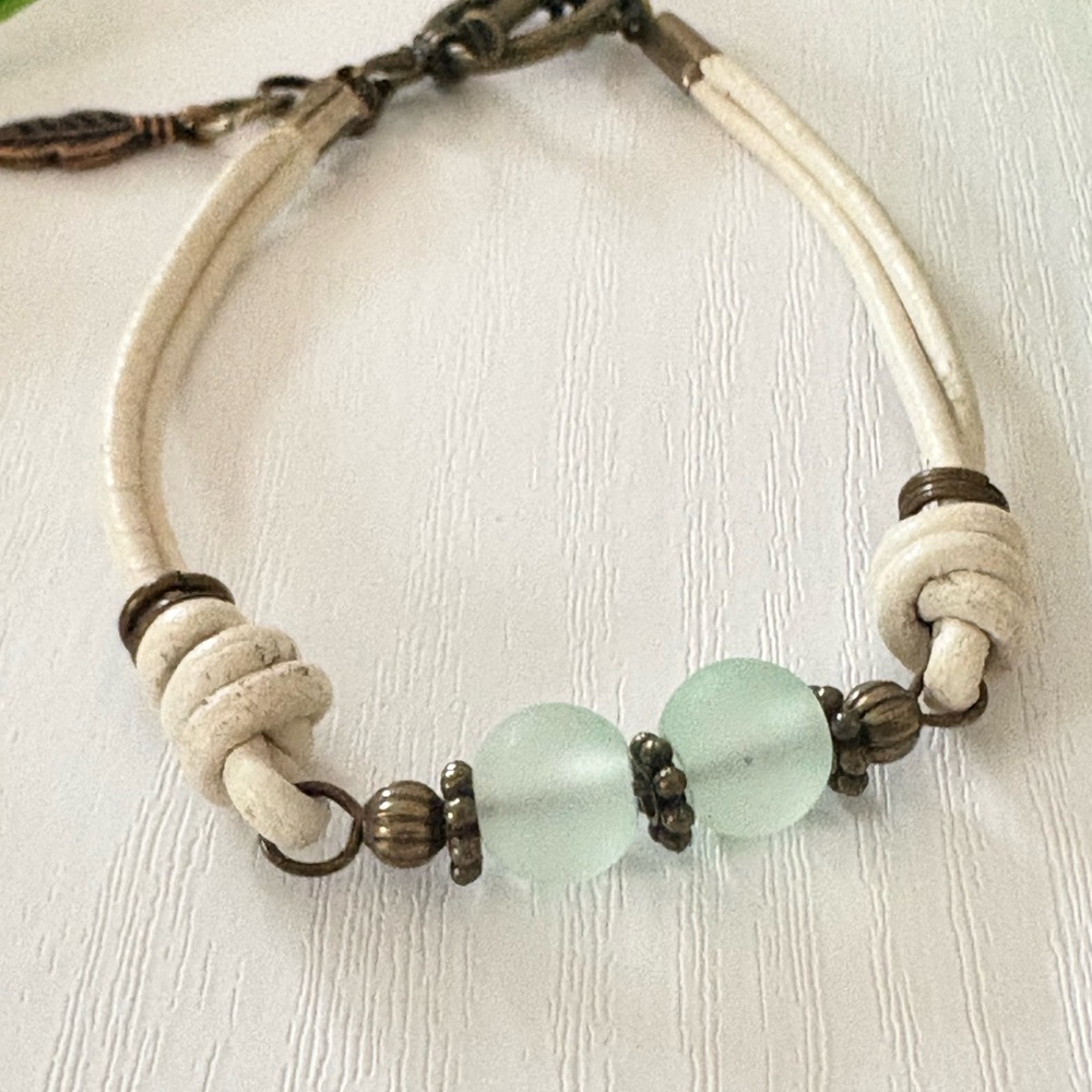 Hand Crafted Cream Leather Bracelet with Pale Sea-Glass Beads